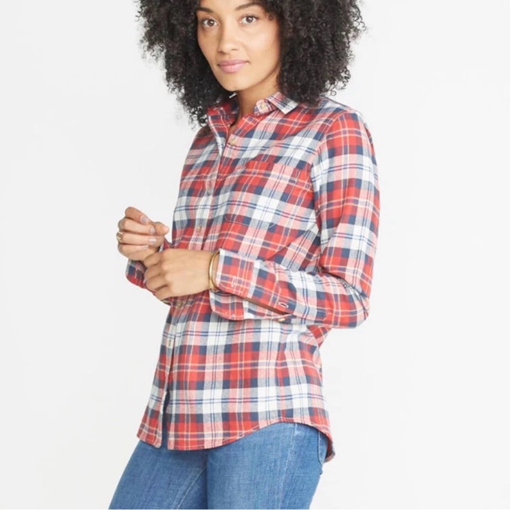 Marine Layer Plaid Button Down Shirt Red Blue White Soft Flannel Coastal Casual